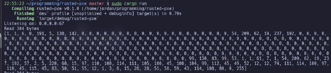 a terminal window with a server recieving bytes