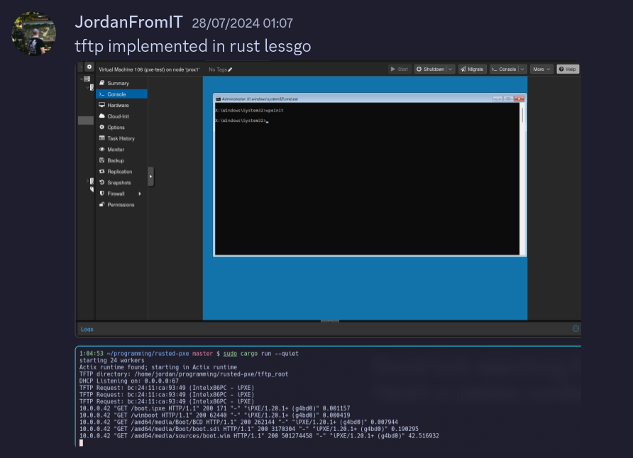 A screenshot of WinPE booted in Proxmox, the logs below show the files being loaded via HTTP