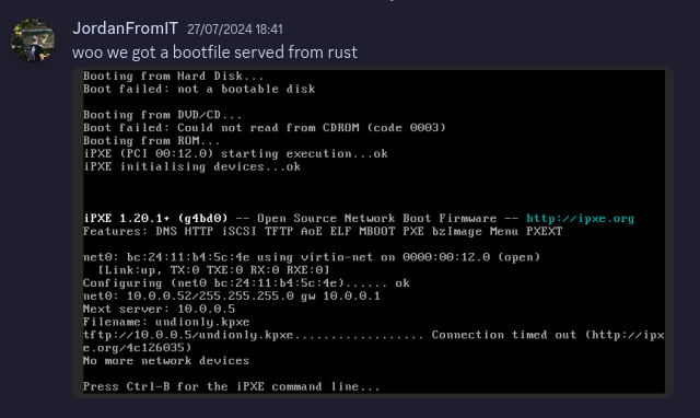 A PXE boot screen with iPXE and undionly.kpxe&hellip; thats a funny order