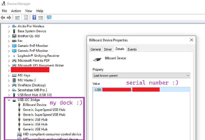 Screenshot of Windows Device Manager Details tab showing my dock serial number