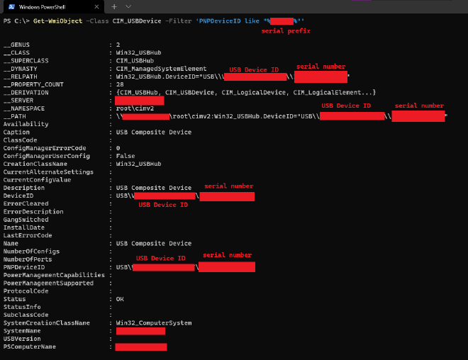 Screenshot of powershell WMI results with lots of serial numbers